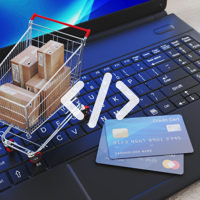 Image show case shopping cart, computer and cards with coding sign for ecommerce development
